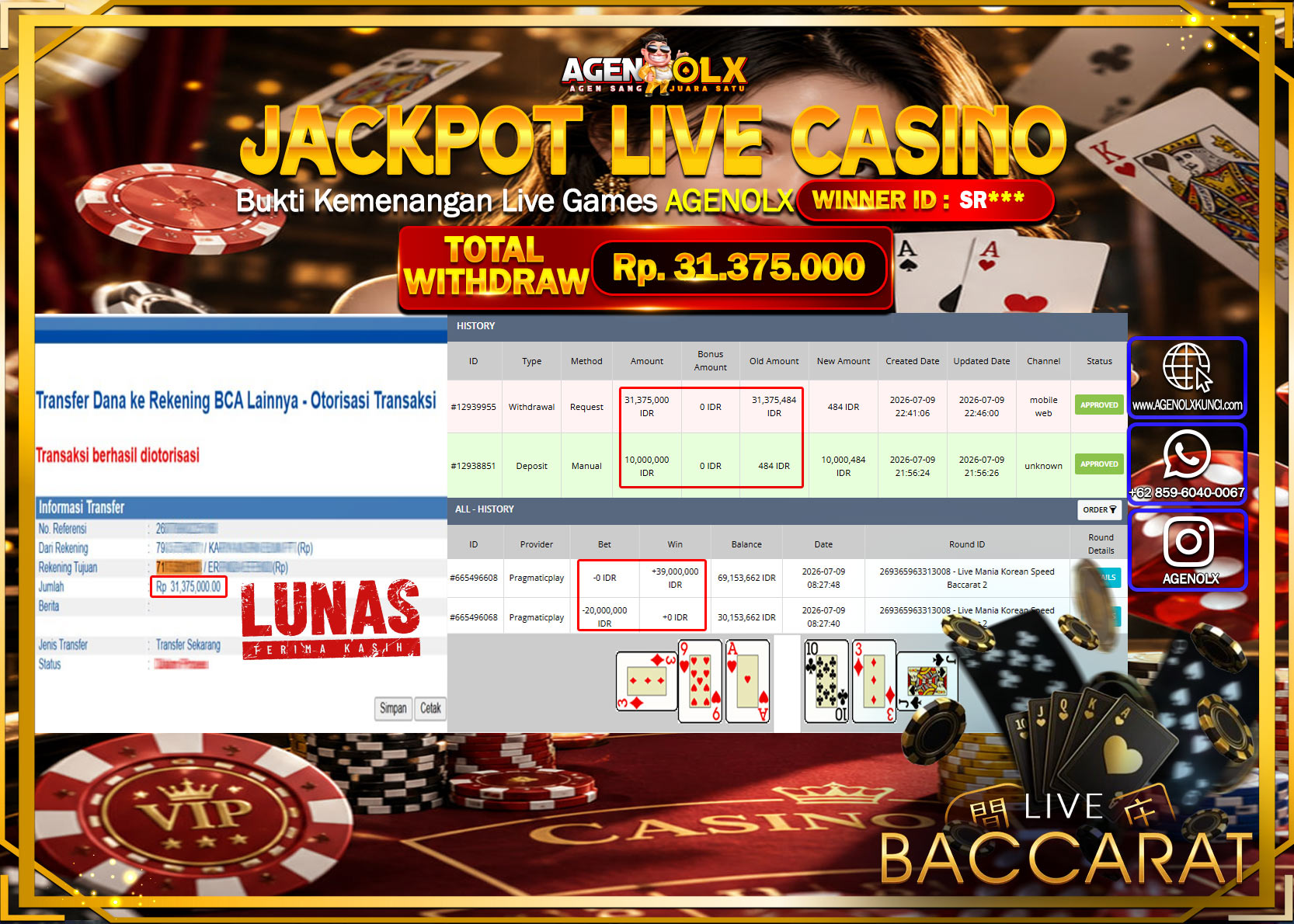 AGENOLX JACKPOT LIVE CASINO LIVE MANIA KOREAN SPEED BACCARAT 2 Rp  31.375.000-LUNAS