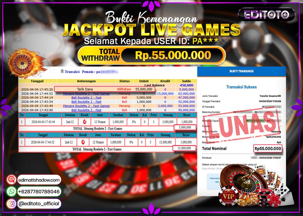 JACKPOT EDITOTO LIVE GAMES ROULETTE 2 Rp. 55.000.000.,- LUNAS