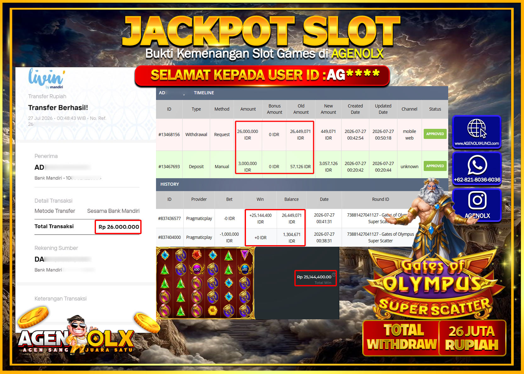AGENOLX JACKPOT SLOT GATES OF OLYMPUS SUPER SCATTER  Rp  26.000.000 -LUNAS
