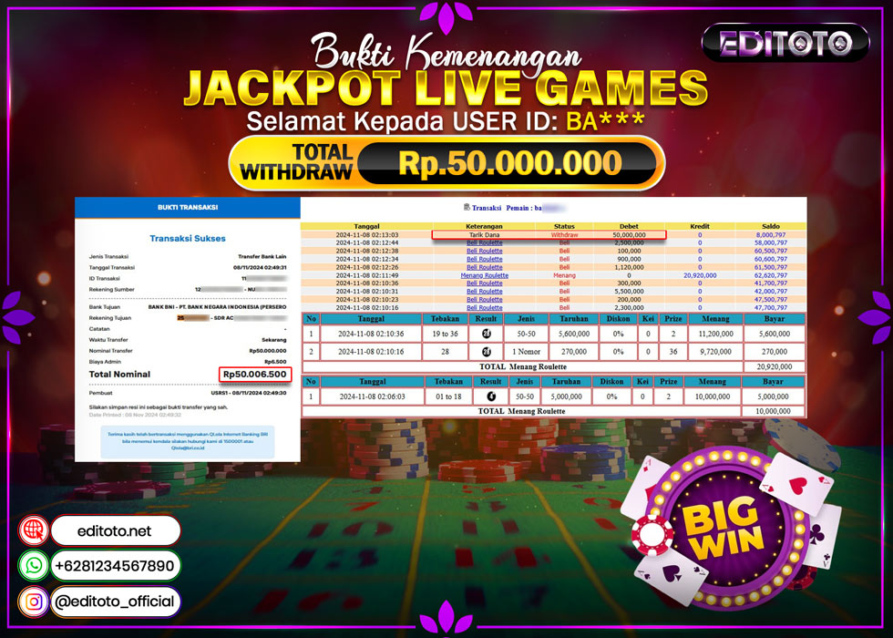 JACKPOT LIVE GAME ROULETTE Rp.50.000.000.,- LUNAS