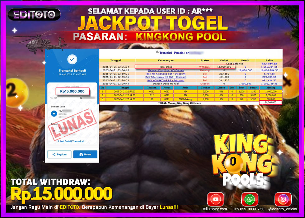 JACKPOT EDITOTO TOGEL PASARAN KINGKONG POOL Rp.15.000.000.,- LUNAS