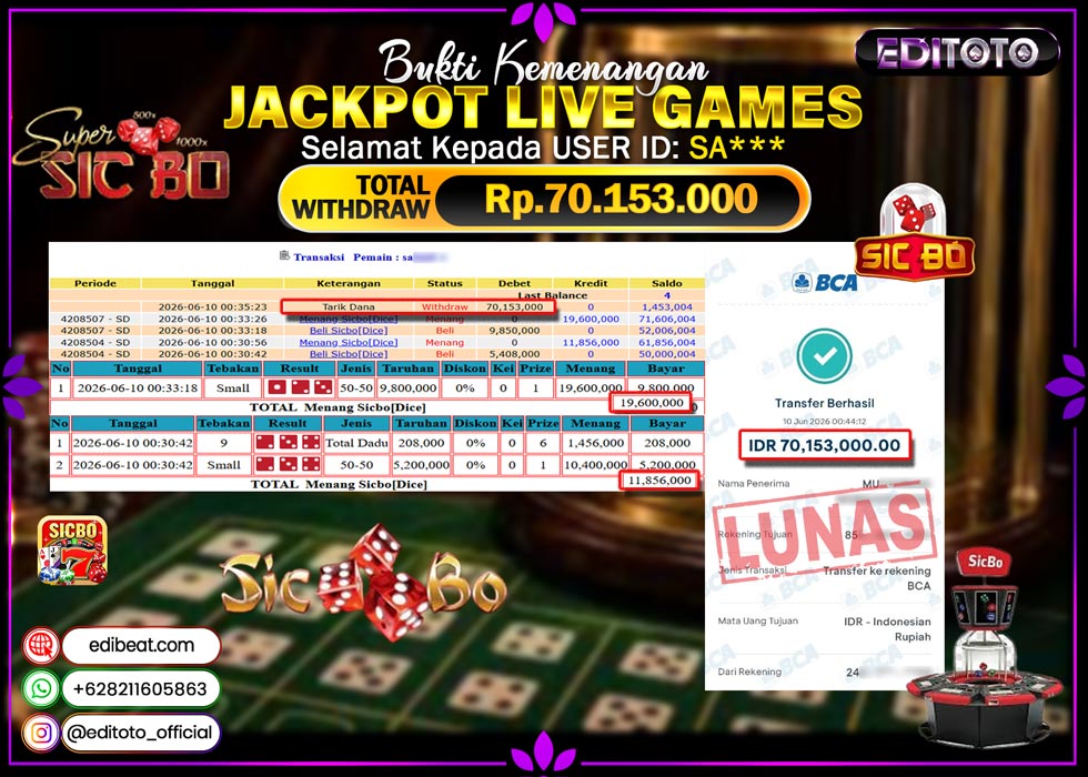 JACKPOT EDITOTO LIVE GAMES SICBO DICE Rp. 70.153.000.,- LUNAS