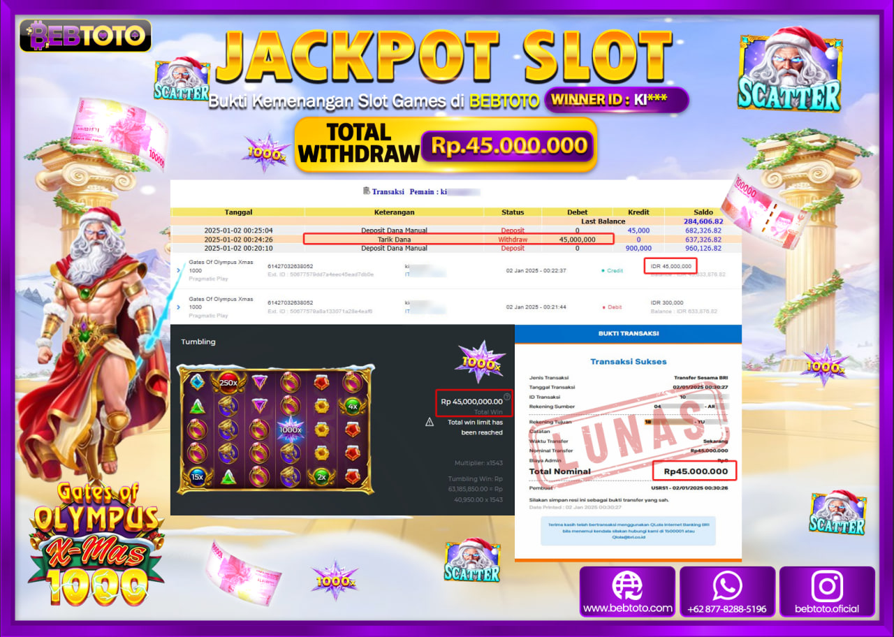 JACKPOT SLOT BEBTOTO GATES OF OLYMPUS X-MAS 1000 Rp.45.000.000.,- LUNAS
