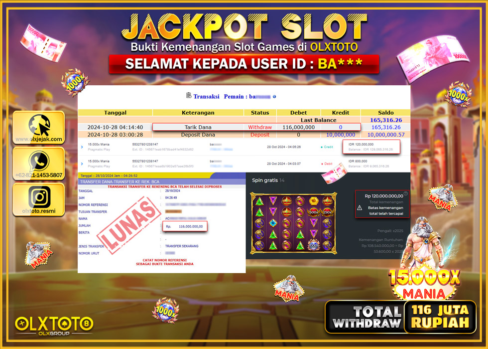 OLXTOTO JACKPOT  SLOT 15.000x MANIA  Rp.116.000.000.,- LUNAS