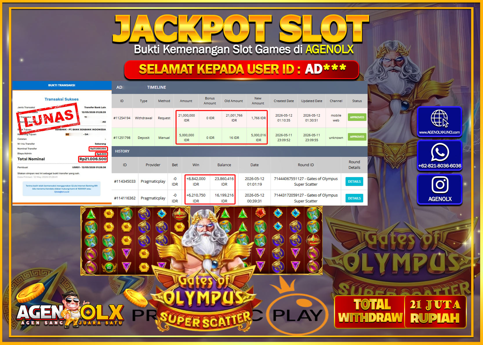 AGENOLX JACKPOT SLOT GATES OF OLYMPUS SUPER SCATTER Rp 21.000.000 - LUNAS