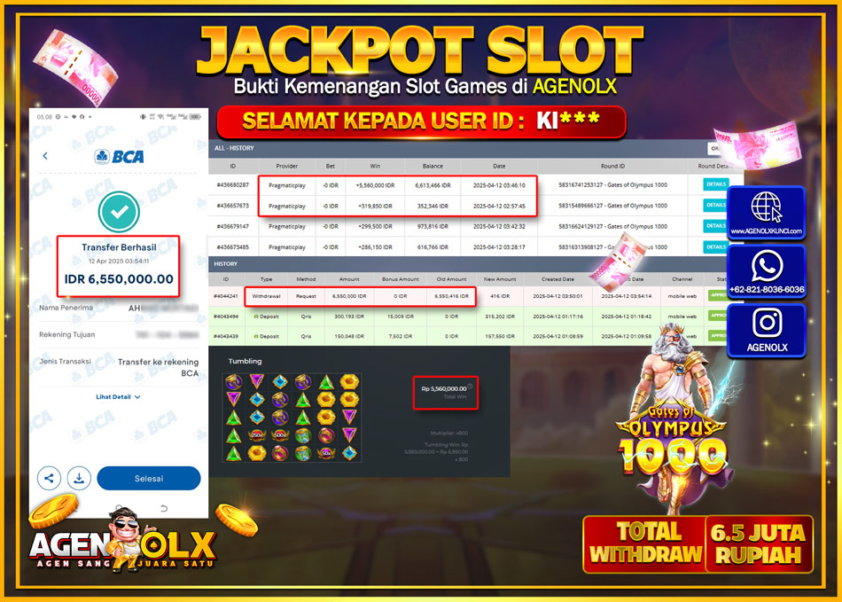 AGENOLX JACKPOT SLOT GATE OFF OLYMPUS 1000 Rp 6.550.000,- LUNAS