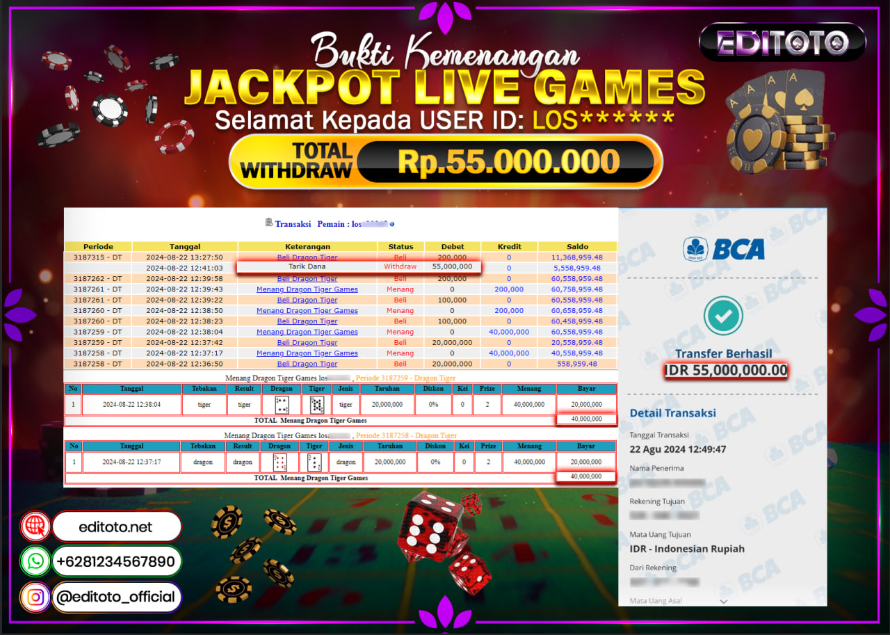 JACKPOT LIVE GAME DRAGON TIGER Rp.55.000.000.,- LUNAS