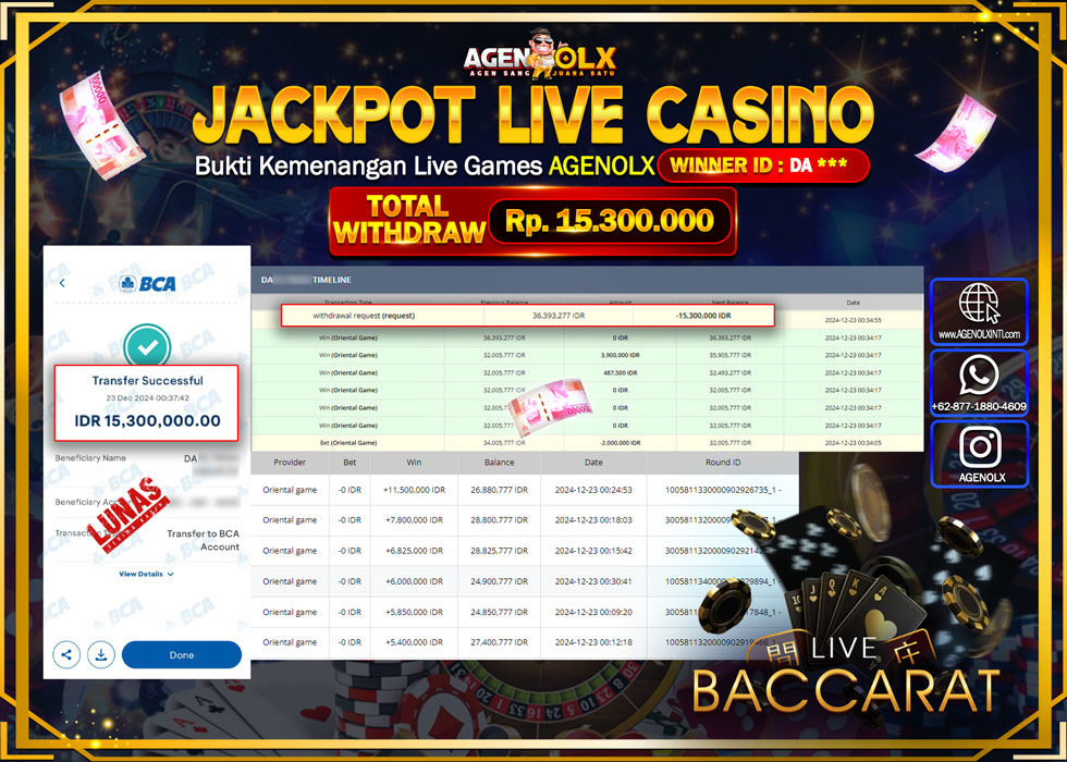 AGENOLX JACKPOT LIVEGAMES BACCARAT Rp 15.300.000,- LUNAS