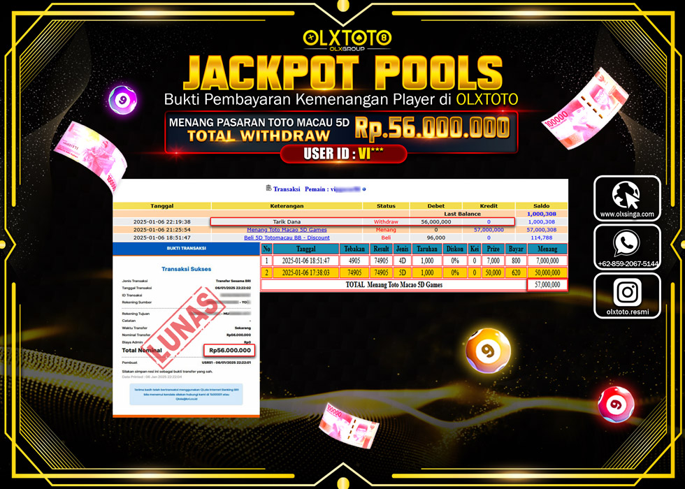 OLXTOTO JACKPOT  TOGEL POOL TOTO MACAU 5D Rp.56.000.000.,- LUNAS