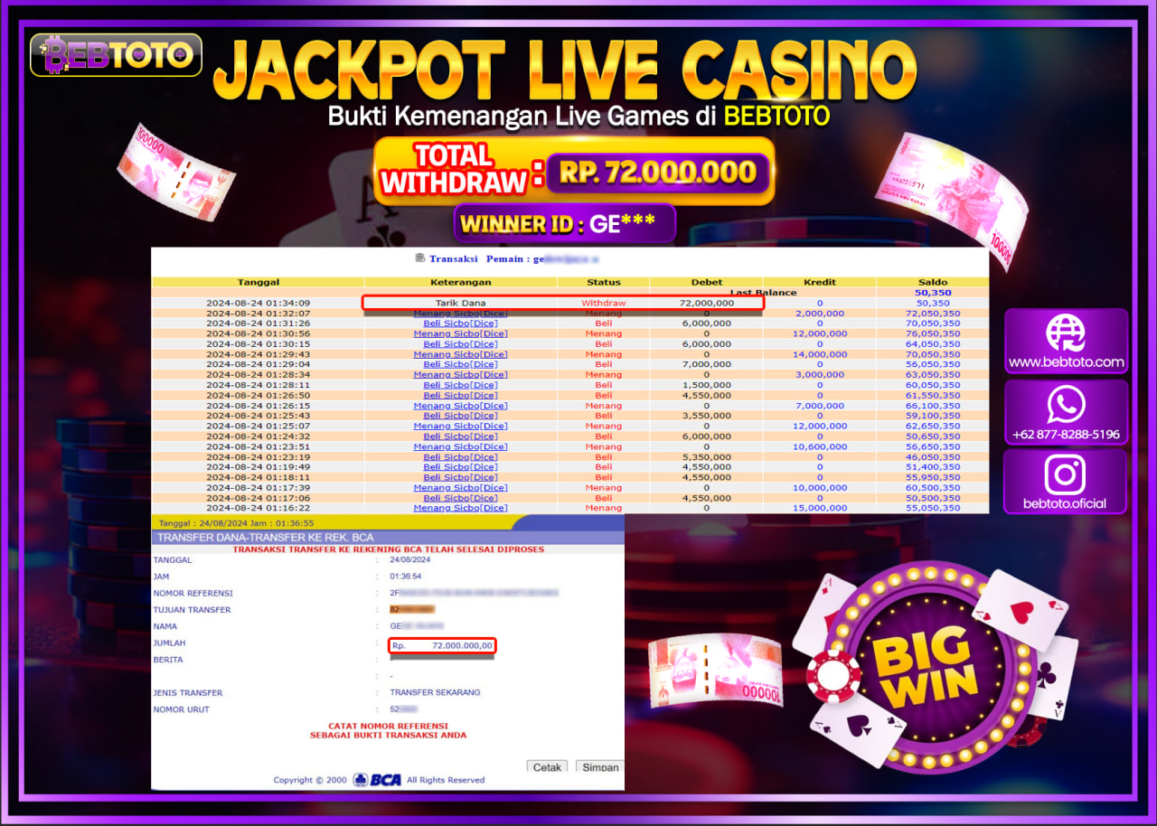 JACKPOT LIVE CASINO BEBTOTO SICBO DICE Rp.72.000.000.,- LUNAS