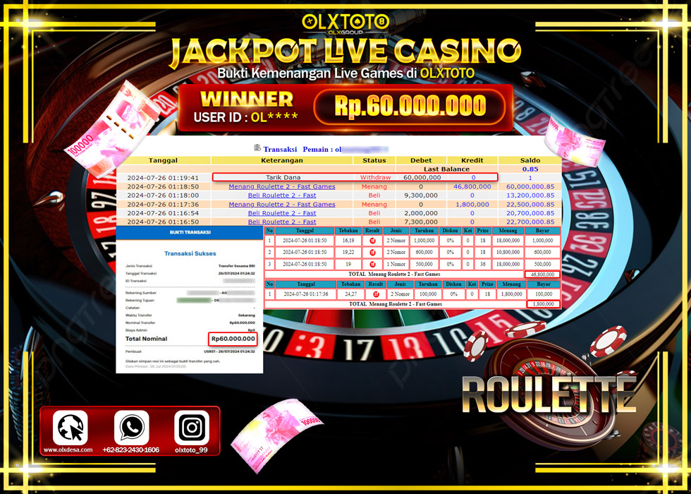 OLXTOTO JACKPOT  LIVE GAME ROULETTE 2 Rp.60.000.000.,- LUNAS