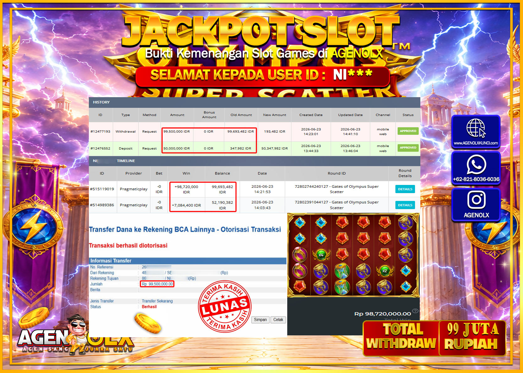 AGENOLX JACKPOT SLOT GATES OF OLYMPUS SUPER SCATTER  Rp 99.500.000- LUNAS