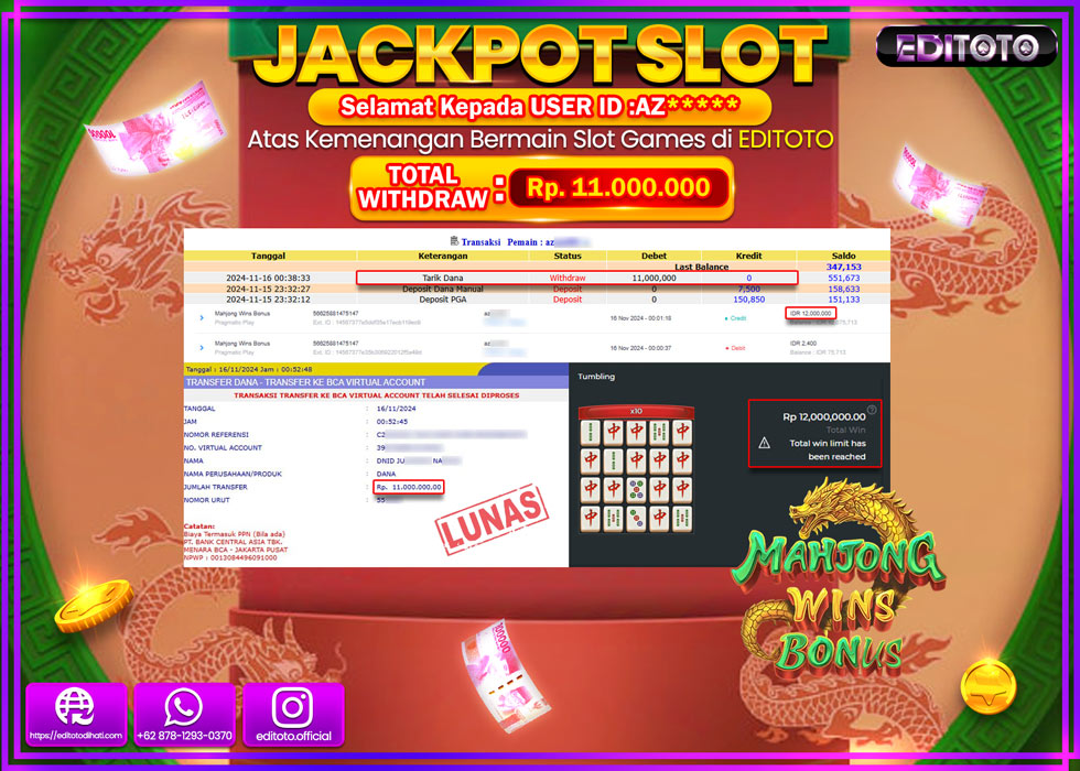 JACKPOT SLOT MAHJONG WINS BONUS Rp.11.000.000.,- LUNAS