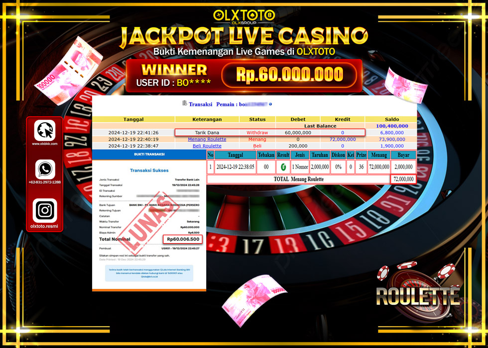 OLXTOTO JACKPOT  LIVE GAMES ROULETTE  Rp.60.000.000.,- LUNAS