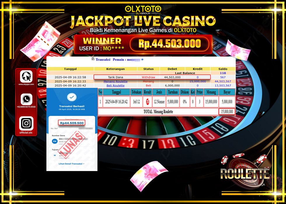 BINTANGSLOT77 JACKPOT  LIVE GAMES ROULETTE Rp.44.503.000.,- LUNAS