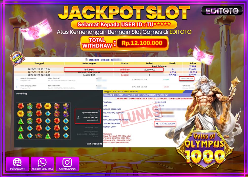 JACKPOT SLOT GATES OF OLYMPUS 1000  Rp.12.100.000.,- LUNAS