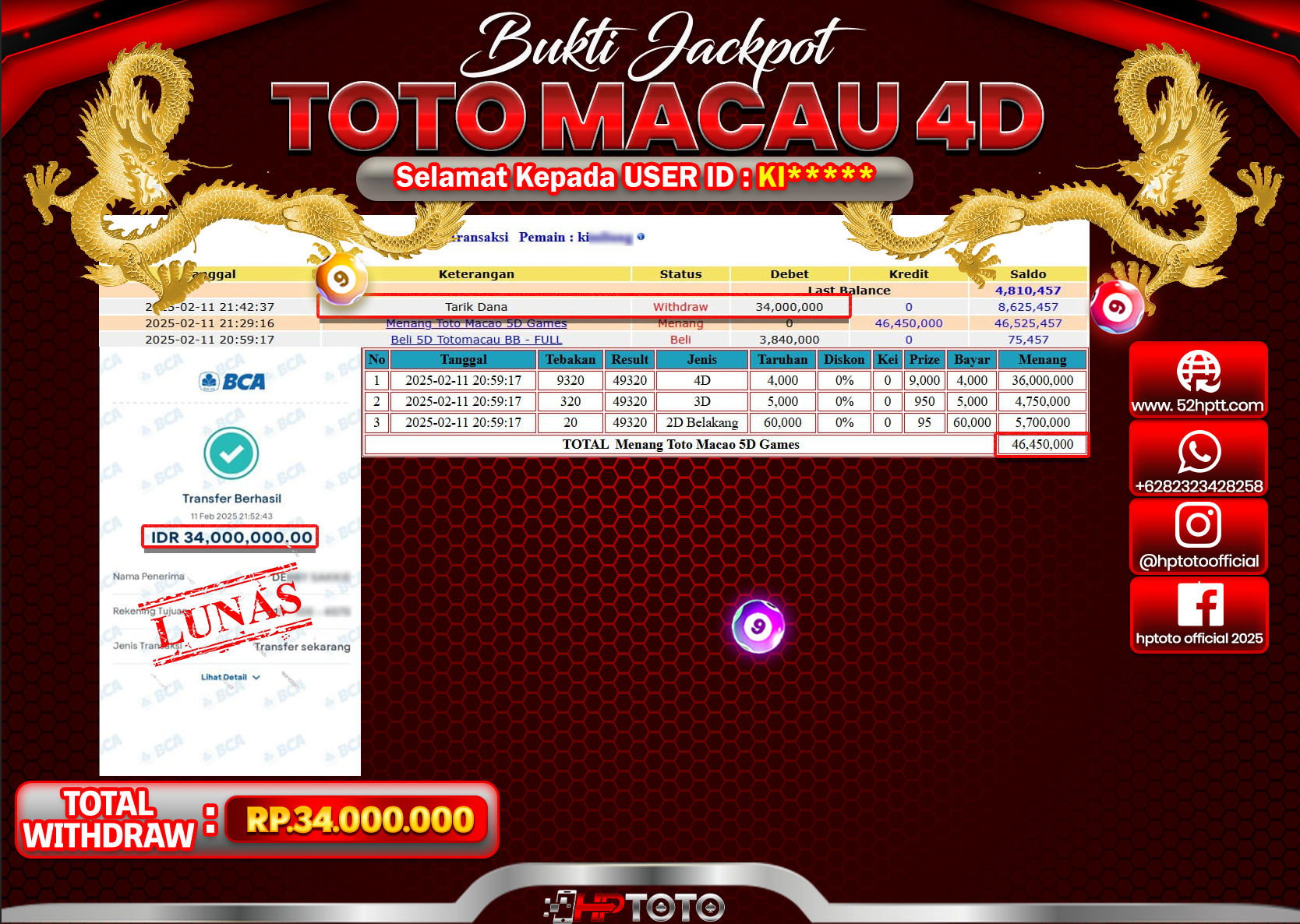 HPTOTO JACKPOT TOGEL PASARAN TOTOMACAU Rp.34.000.000,- LUNAS