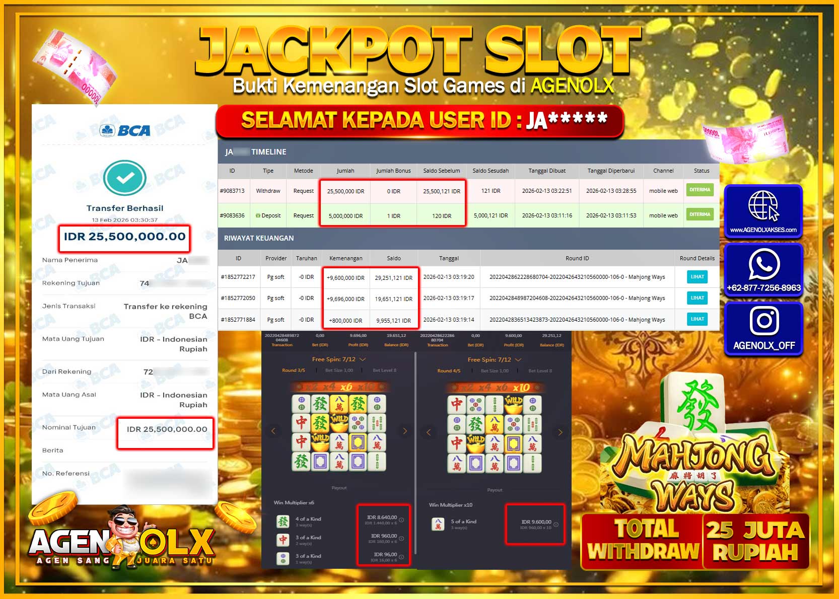 AGENOLX JACKPOT SLOT MAHJONG WAYS Rp 25.500.000 - LUNAS   