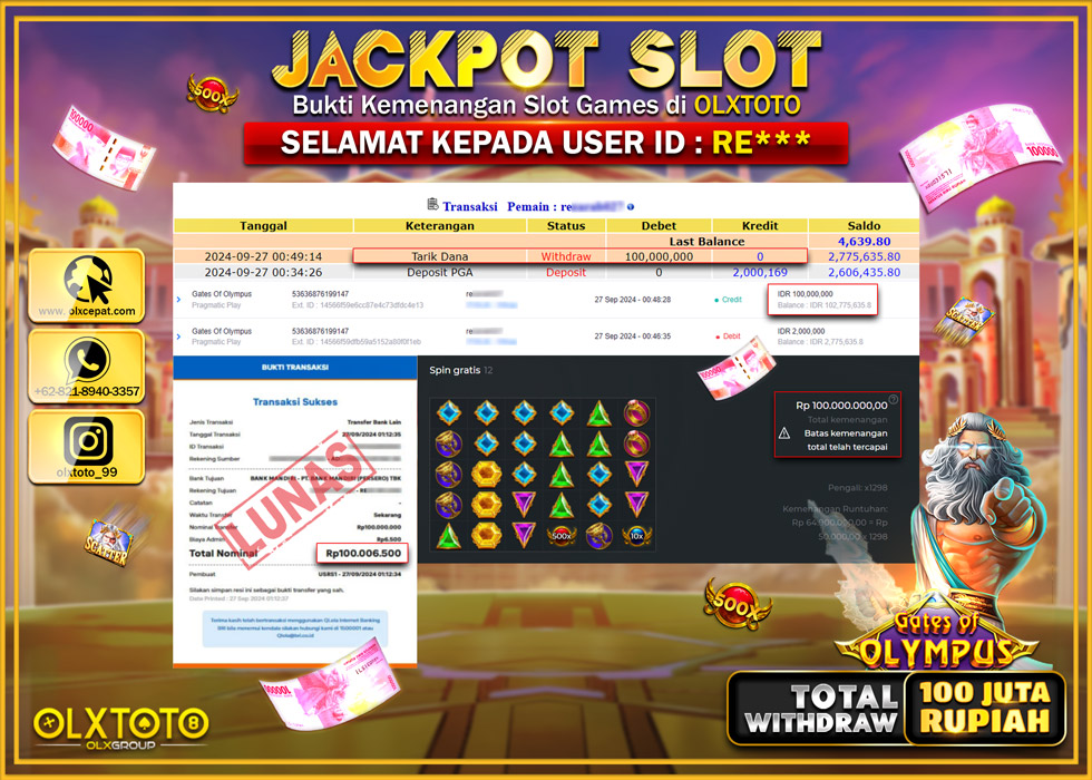 OLXTOTO JACKPOT  SLOT GATES OF OLYMPUS Rp.100.000.000.,- LUNAS