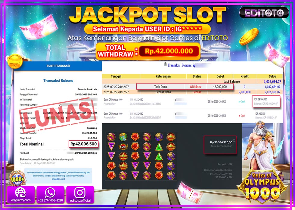 JACKPOT EDITOTO SLOT GATES OF OLYMPUS 1000 Rp.42.000.000,- LUNAS 