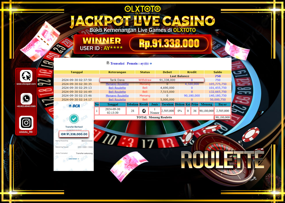OLXTOTO JACKPOT  LIVE GAMES ROULETTE  Rp.91.338.000.,- LUNAS