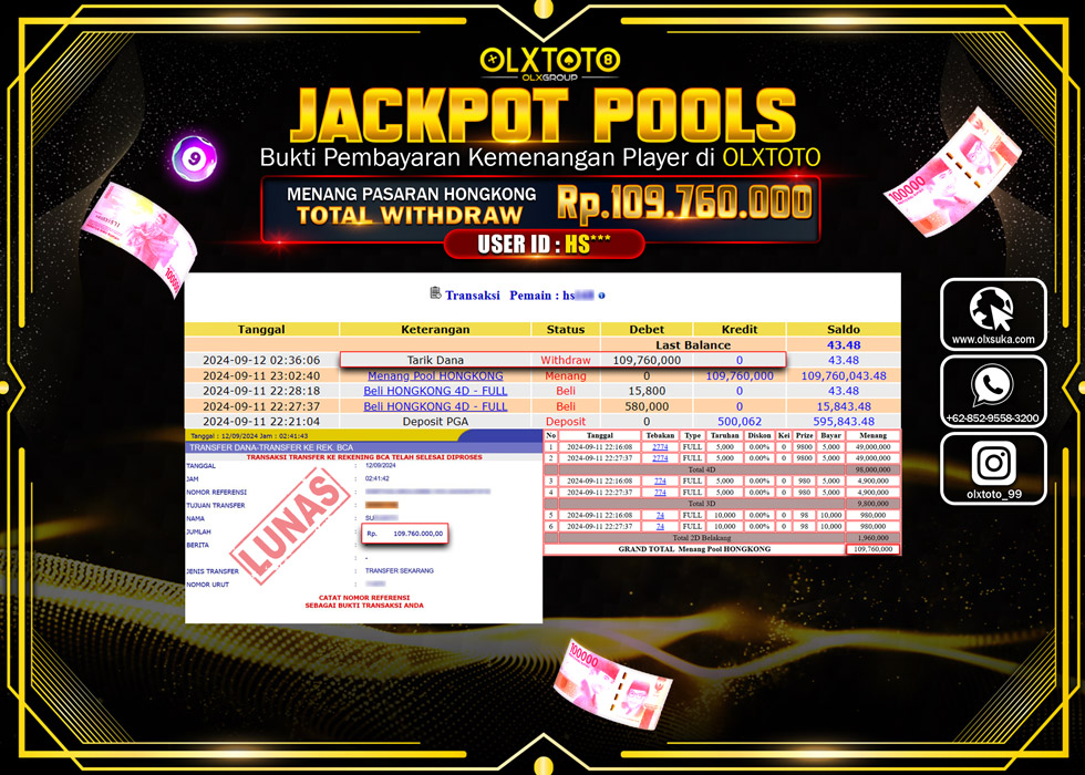 OLXTOTO JACKPOT  TOGEL POOL HONGKONG Rp.109.760.000.,- LUNAS