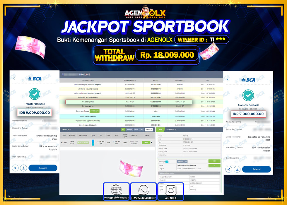 AGENOLX JACKPOT  SPOORTBOOK   Rp 18.009.000,- LUNAS