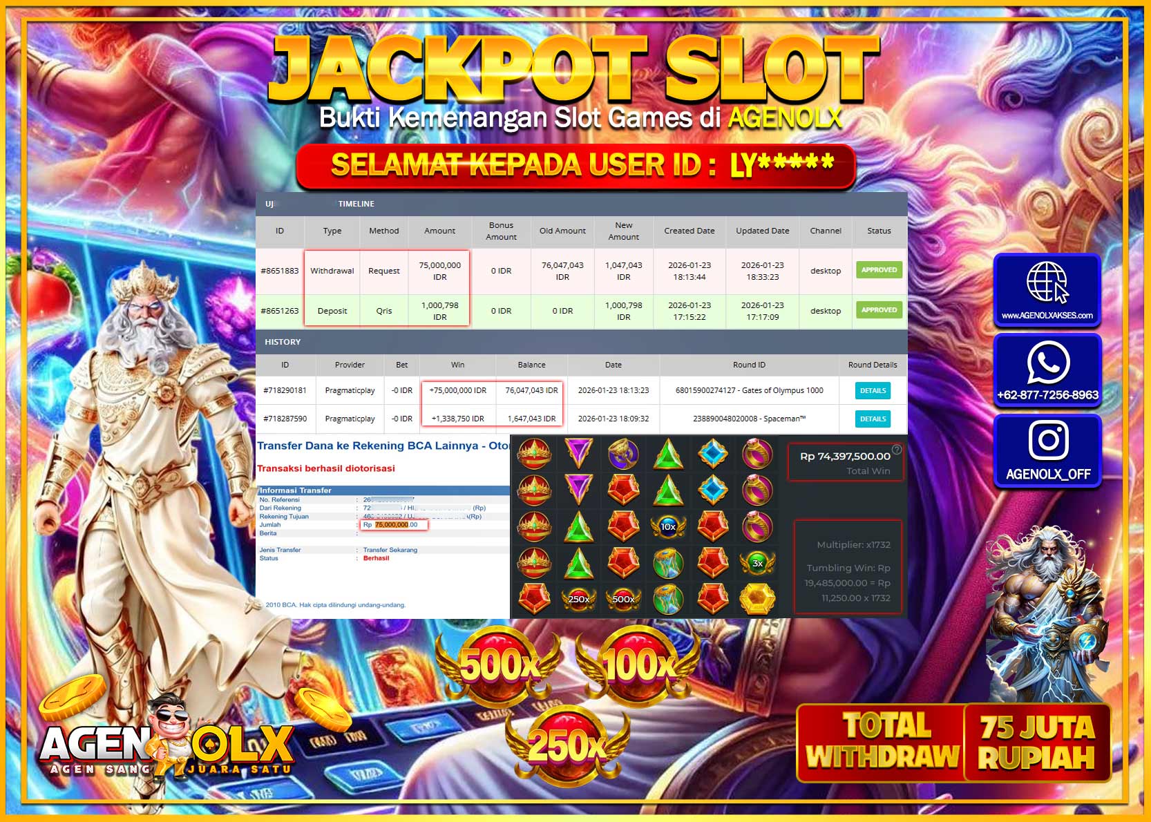 AGENOLX JACKPOT SLOT GATES OF OLYMPUS 1000 Rp 75.000.000 - LUNAS