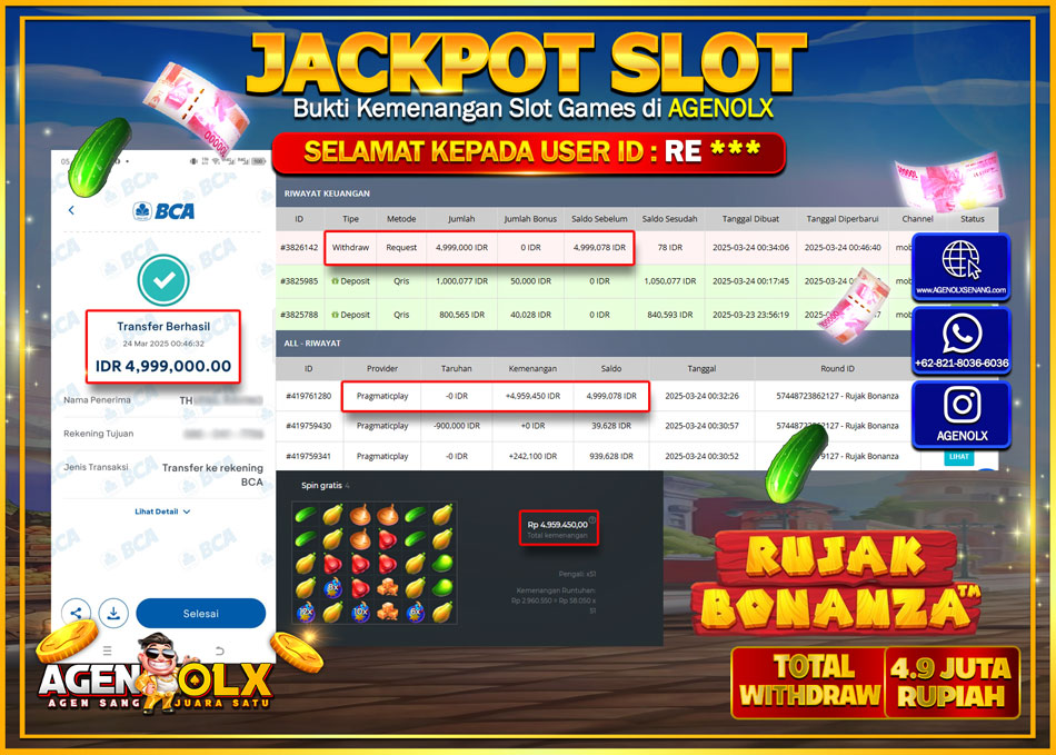 AGENOLX JACKPOT SLOT RUJAK BONANZA  Rp 4.999.000,- LUNAS