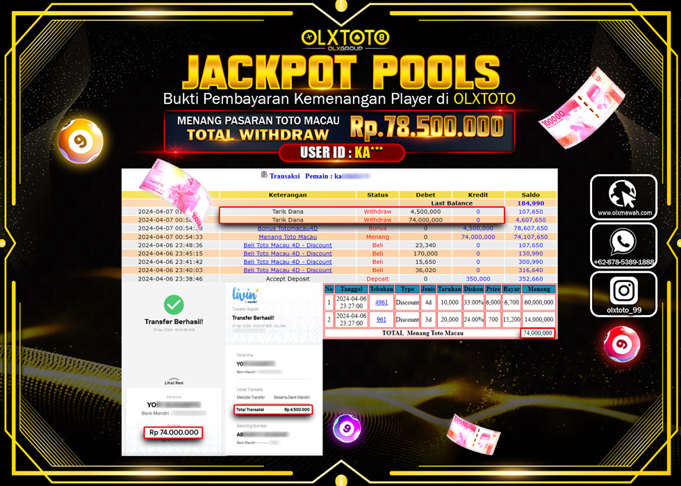 OLXTOTO JACKPOT TOGEL PASARAN TOTO MACAU  Rp.78.500.000.,- LUNAS