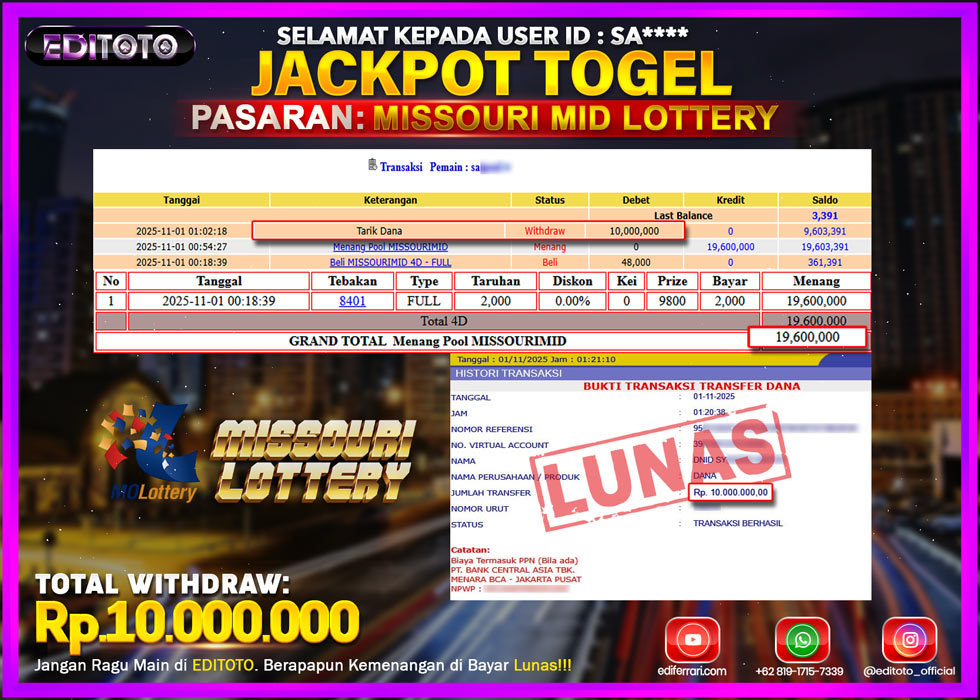 JACKPOT EDITOTO TOGEL PASARAN MISSOURI LOTTERY Rp.10.000.000.,- LUNAS 