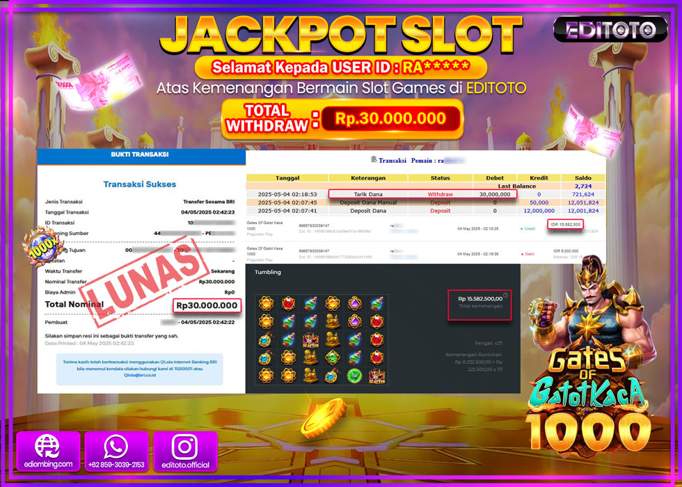 JACKPOT EDITOTO SLOT GATES OF GATOT KACA 1000 Rp.30.000.000,- LUNAS