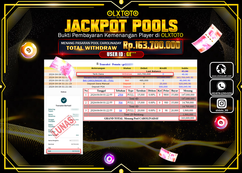 OLXTOTO JACKPOT TOGEL PASARAN CAROLINADAY  Rp.163.700.000.,- LUNAS