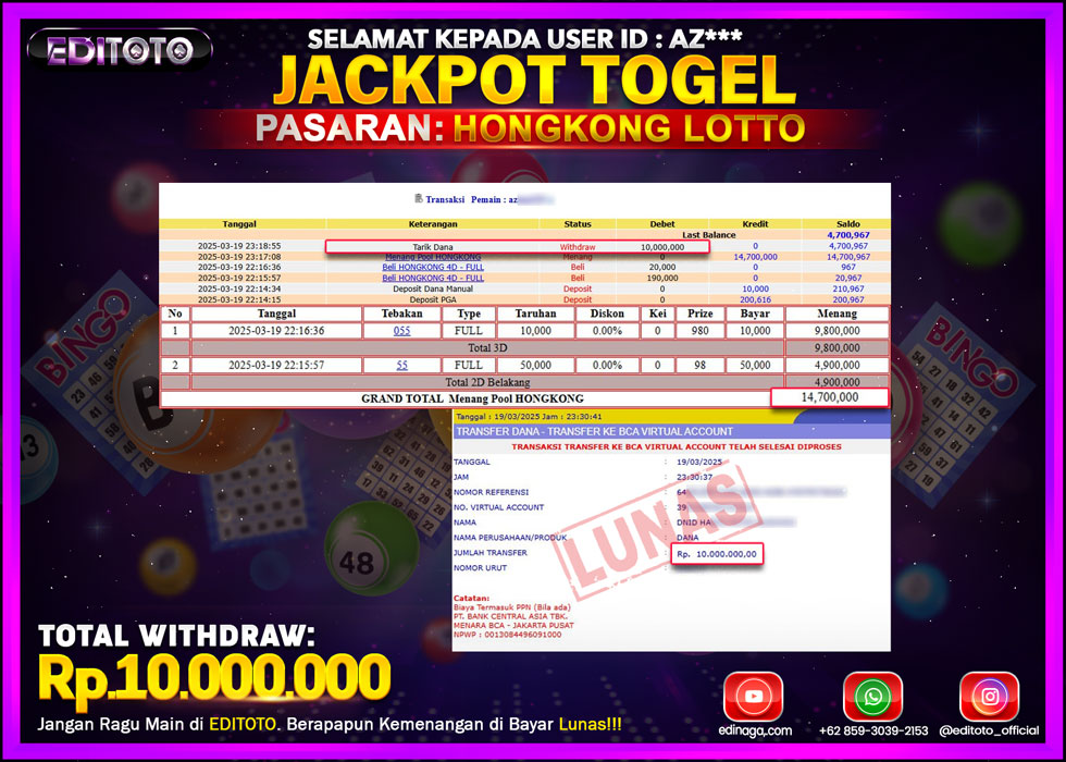 JACKPOT TOGEL PASARAN HONGKONG LOTTO Rp.10.000.000.,- LUNAS