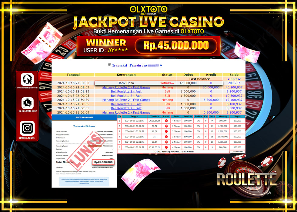 OLXTOTO JACKPOT  LIVE GAMES ROULETTE 2  Rp.45.000.000.,- LUNAS