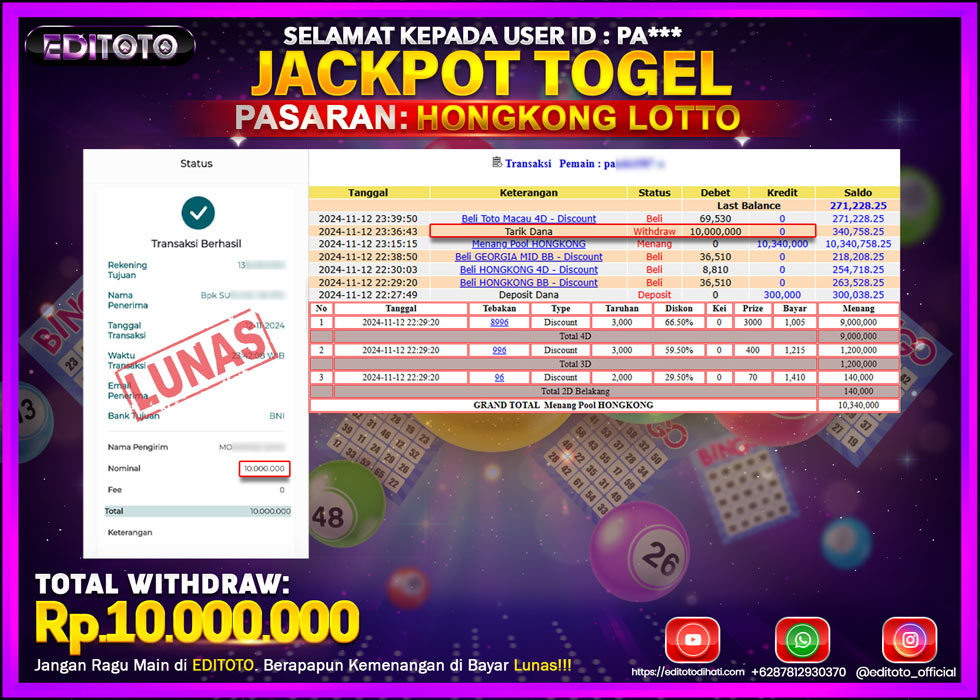 JACKPOT TOGEL PASARAN HONGKONG LOTTO Rp.10.000.000.,- LUNAS