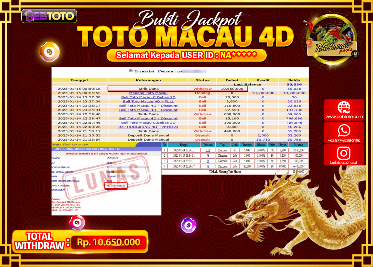 JACKPOT LIVE CASINO BEBTOTO TOTO MACAU 4D Rp.10.650.000.,- LUNAS
