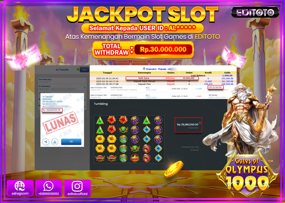 JACKPOT SLOT GATES OF OLYMPUS 1000 Rp.30.000.000.,- LUNAS