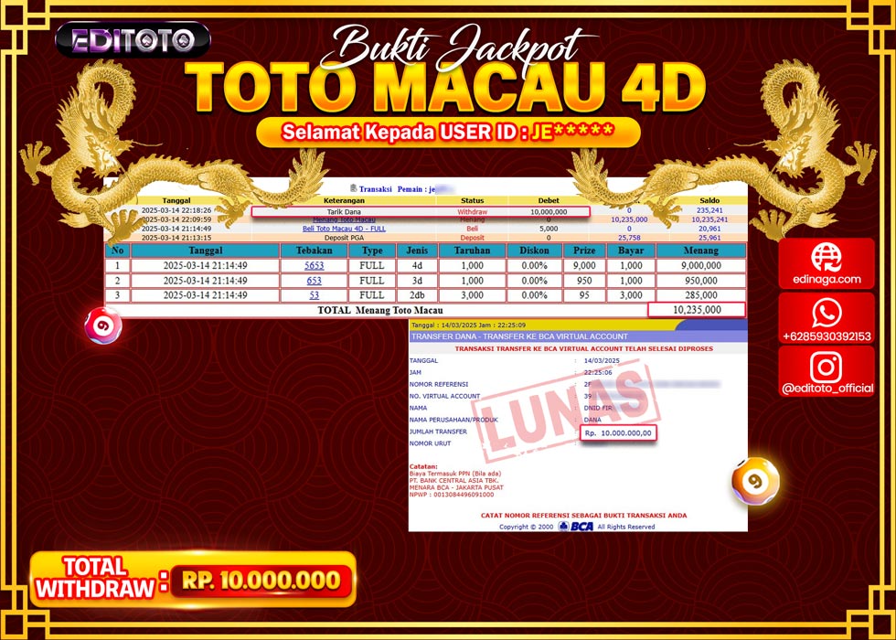 JACKPOT TOGEL PASARAN TOTOMACAU 4D Rp.10.000.000.,- LUNAS