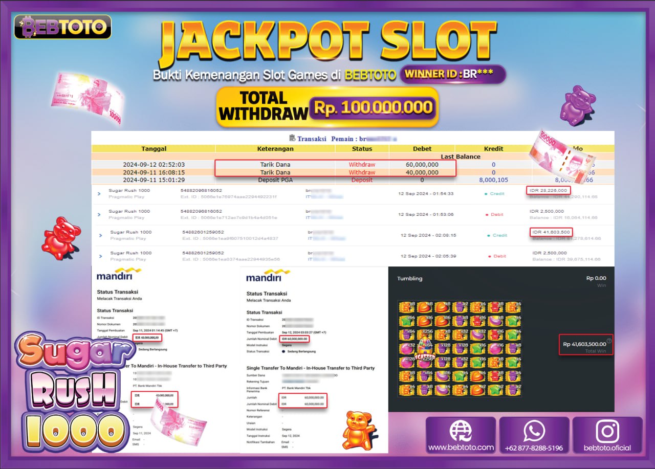 JACKPOT SLOT BEBTOTO SUGAR RUSH 1000 Rp.100.000.000.,- LUNAS