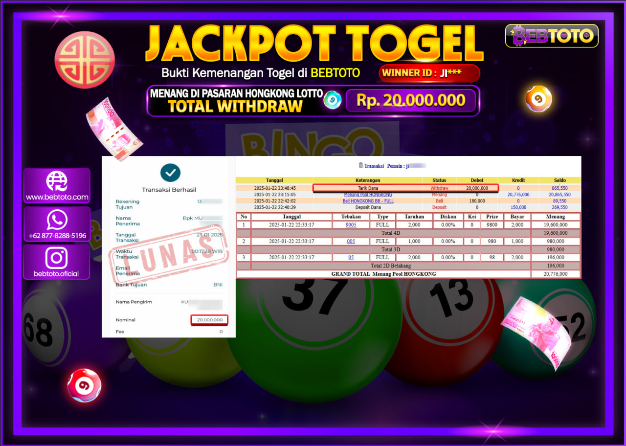 JACKPOT TOGEL BEBTOTO HONGKONG LOTTO Rp.20.000.000.,- LUNAS