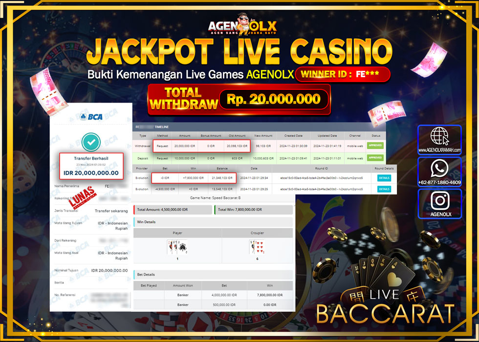 AGENOLX JACKPOT  LIVE CASINO BACCARAT  Rp 20.000.000,- LUNAS