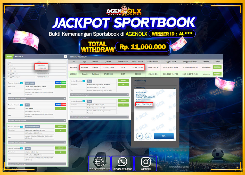 AGENOLX JACKPOT  SPORTBOOK   Rp 11.000.000,- LUNAS