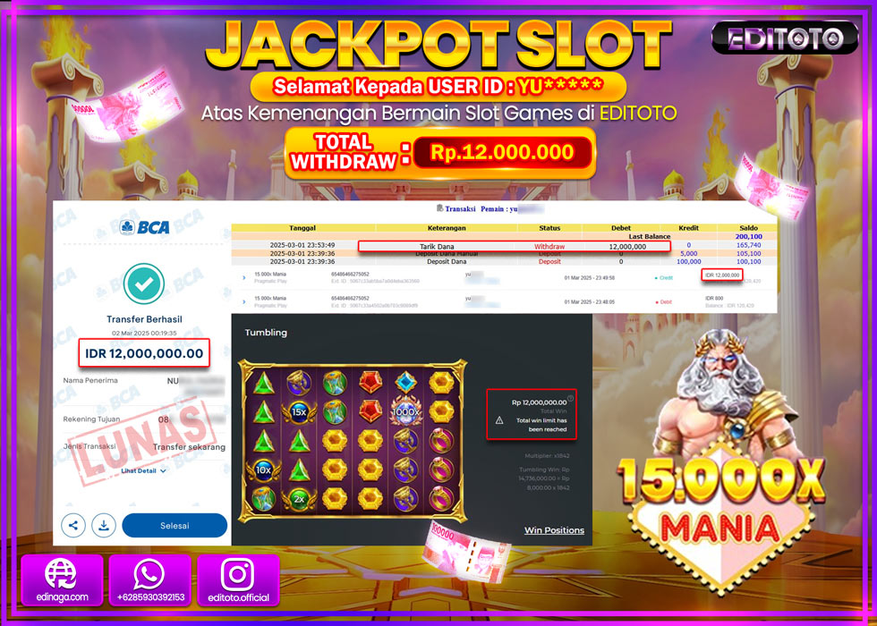 JACKPOT SLOT 15.000X MANIA  Rp.12.000.000.,- LUNAS