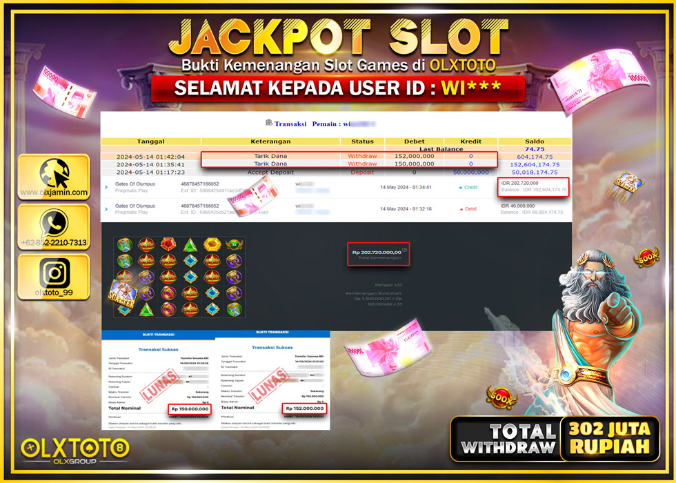 OLXTOTO JACKPOT SLOT GATES OF OLYMPUS  Rp.302.000.000.,- LUNAS