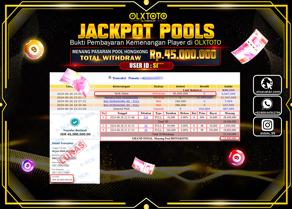 OLXTOTO JACKPOT TOGEL POOL HONGKONG   Rp.45.000.000.,- LUNAS