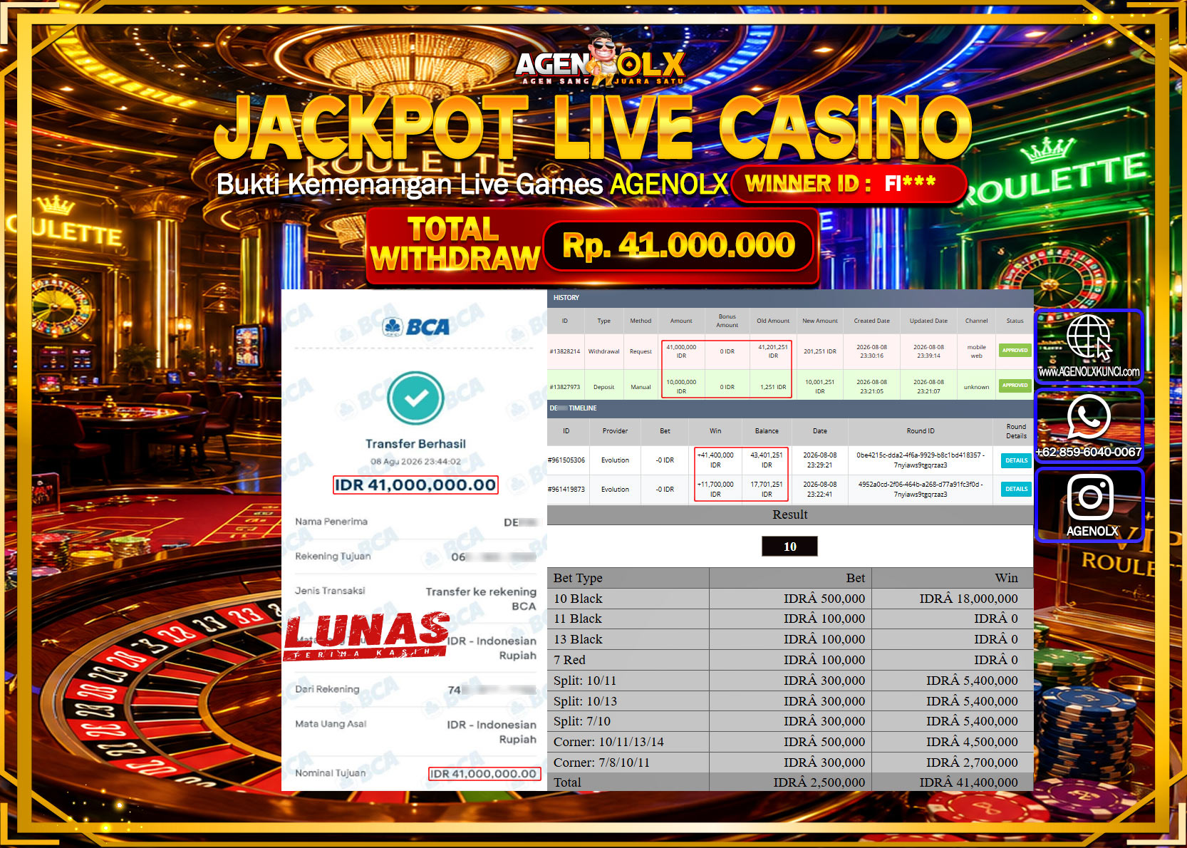 AGENOLX JACKPOT LIVE CASSINO PRIVATE LOUNGE ROULETTE 2 Rp  41.000.000 -LUNAS