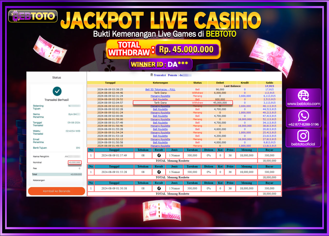 JACKPOT LIVE CASINO BEBTOTO Roulette Rp.45.000.000.,- LUNAS