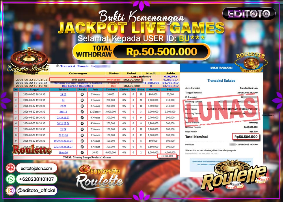JACKPOT EDITOTO LIVE GAMES EUROPE ROULLETE 1 GAMES Rp.50.500.000.,- LUNAS