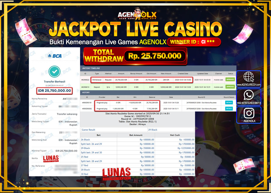 AGENOLX JACKPOT SLOT MANIA ROULETTE  Rp 25,750,000,- LUNAS